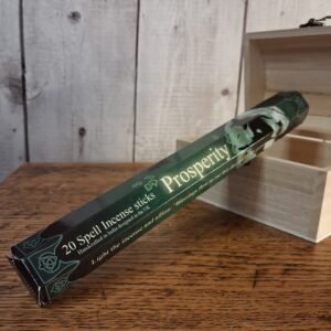 Tube containing incense sticks. Decorated by Lisa Parker that is green, black and cream with a witch flying on a broom and a full moon behind her along with bare tree