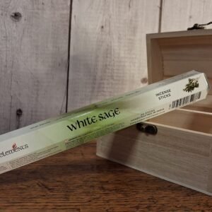 Tube of incense stick. Package is why, black and green with picture of white sage.