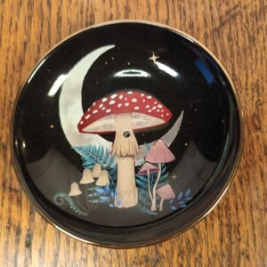 incense plate features an enchanting design showing a softly lit crescent moon casting light over a fairytale-like toadstool with colourful flora and flora details.
