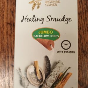 Package showing white sage, cinnamon and other herbs. Package is multicoloured.