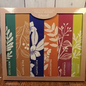 Set of incense holds 6 varieties of hand-rolled masala incense stick scents made from ethically produced oils, dyes and organic ingredients
