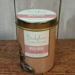 A tin of 20 Wild Rose backflow incense cones. Tin is brown, pink, gold and black